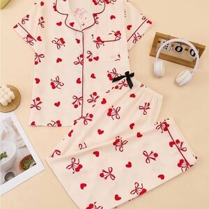 Cream Pajama Set with Red Heart & Bow Print